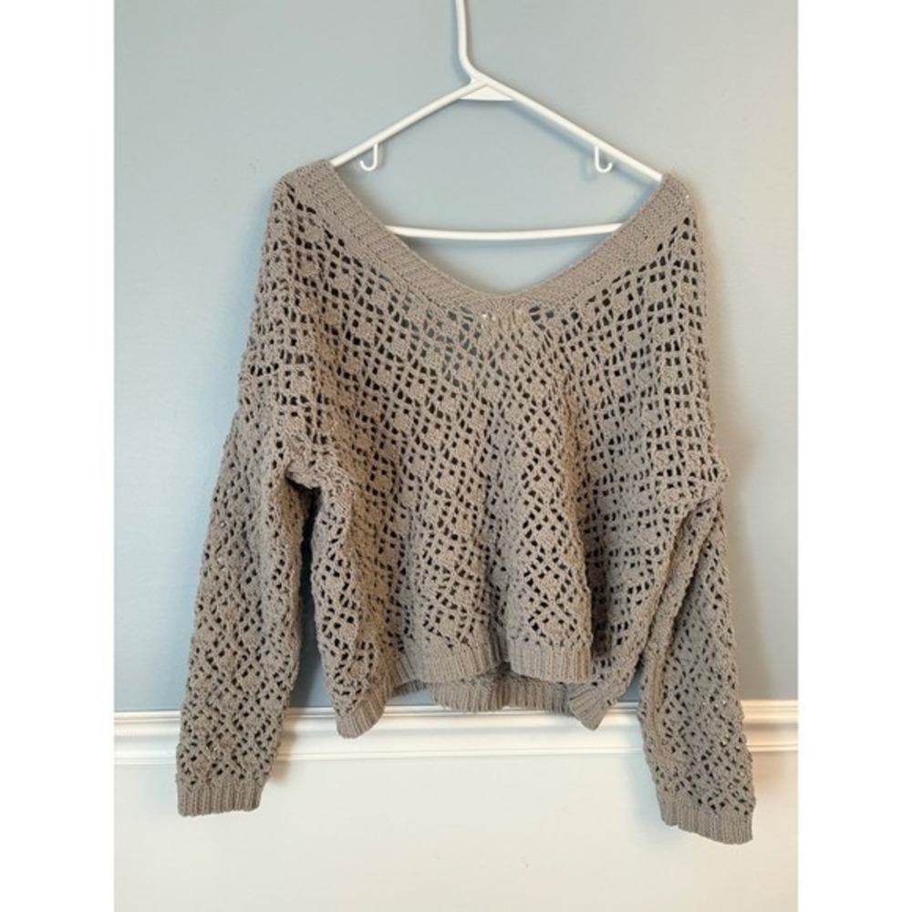 Nicole Miller Artelier Crochet Knit Button Front Grey Cardigan Boho Chic large - Picture 2 of 15